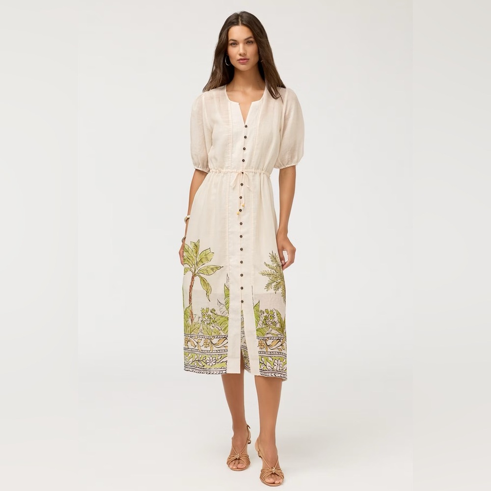 Johnny Was Cream Button-Front Midi Dress W/ Tropical Print. S. NWT.